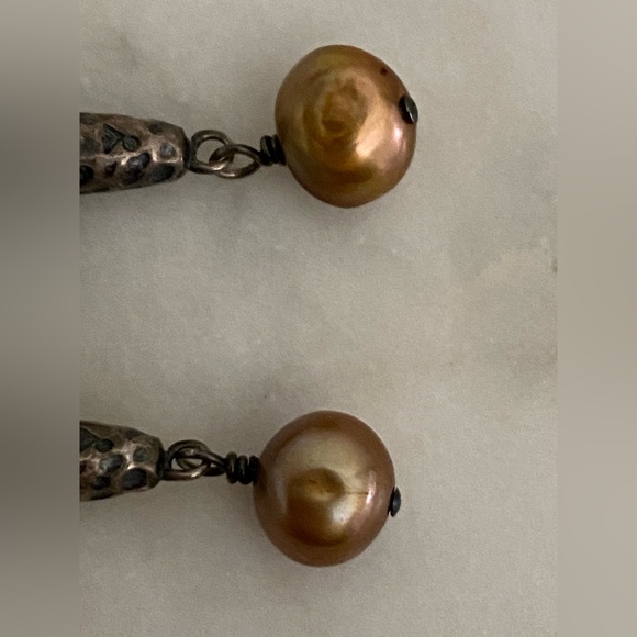 Silpada Hammered Sterling Silver 925 Bar Bronze Pearl Dangle Earrings Retired - Picture 9 of 10